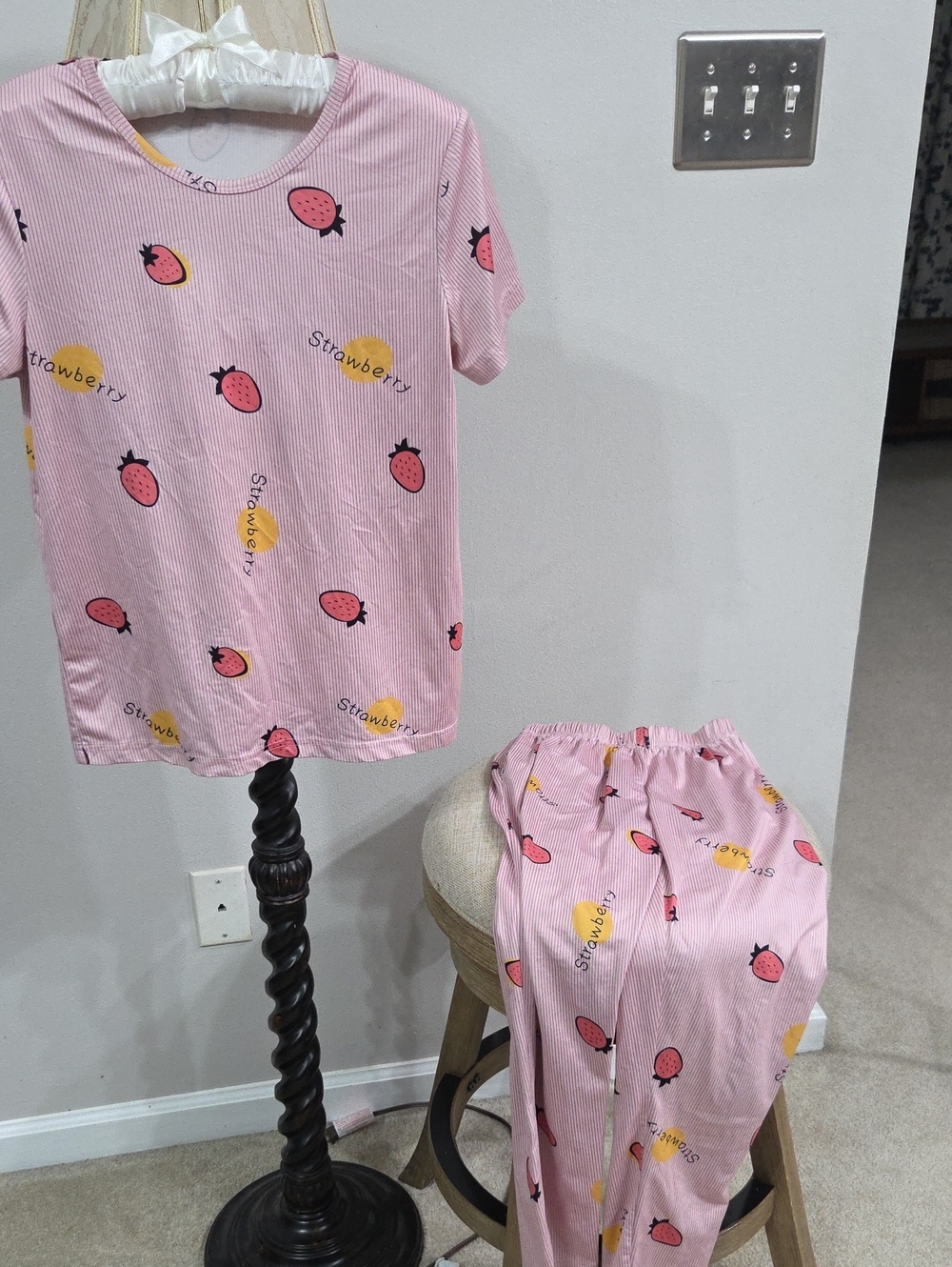 Girls Pink Strawberry Print Pajama Set